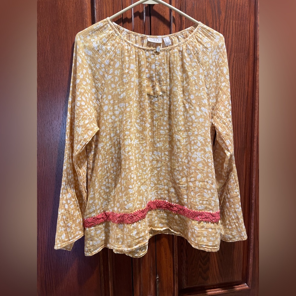 LOGO by Lori Goldstein Mustard and Coral Blouse